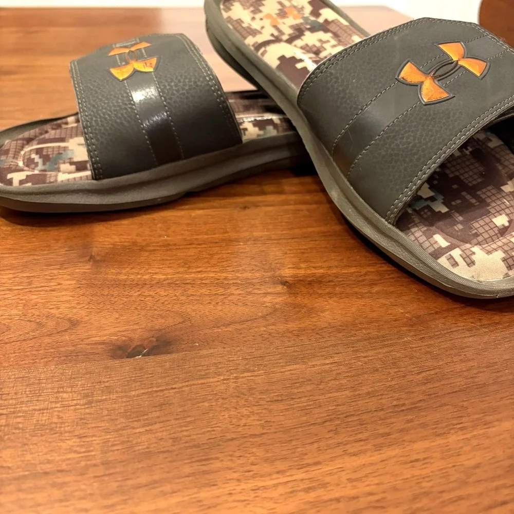 Under Armour Ignite Realtree Camo Slides Mens 12 Orange Logo Sandals 1226760-235